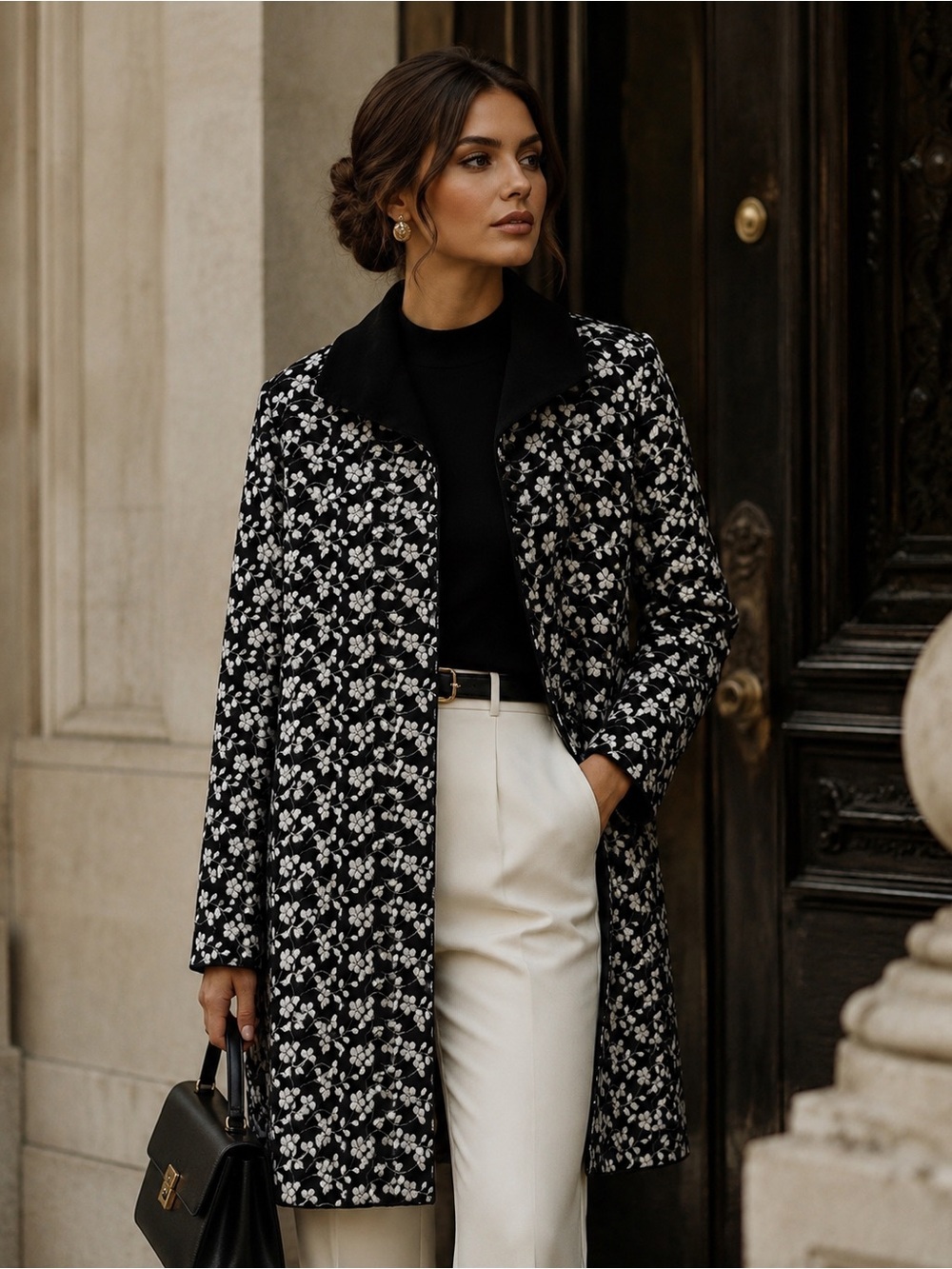 Louis Feraud Black & White Floral Coat - Women's Elegant Outerwear